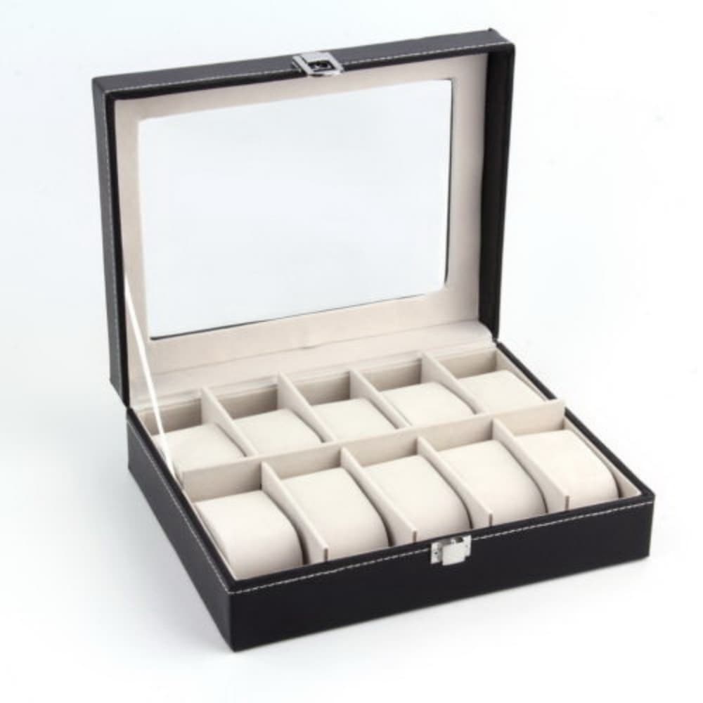 TEMU Watch Box, 20/ 10/ 6 Slots Watch Case For Men - Luxury Watch Organizer With Glass Top, Smooth Faux Leather Interior, Black