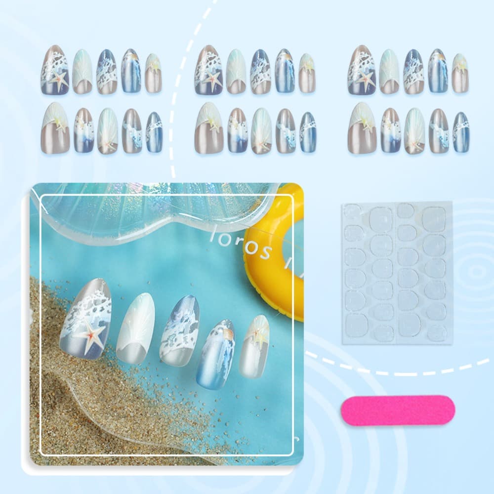 TEMU 30pcs Of Popular Beach-themed Nail Art Featuring 3d Starfish, Shells, And Waves - Long Fake Nails Suitable For Women And For Summer Vacations, Pool Parties, And Everyday Wear