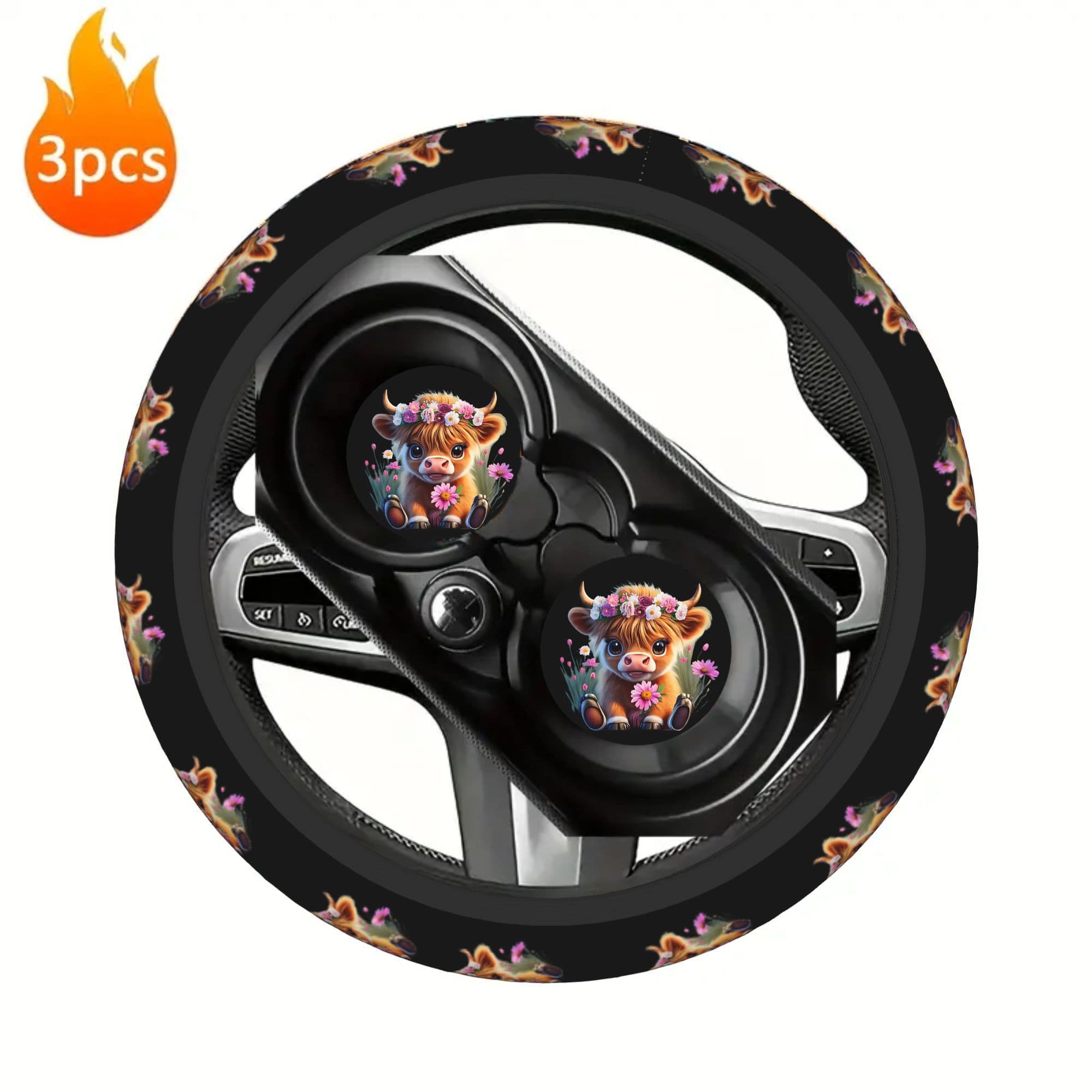 TEMU 3pcs Highland Cow Car Interior Set Universal Fit For Most Vehicles, Includes 1 Steering Wheel Cover (no ) And 2 Cup Coasters. The Perfect Halloween And Christmas Gift For