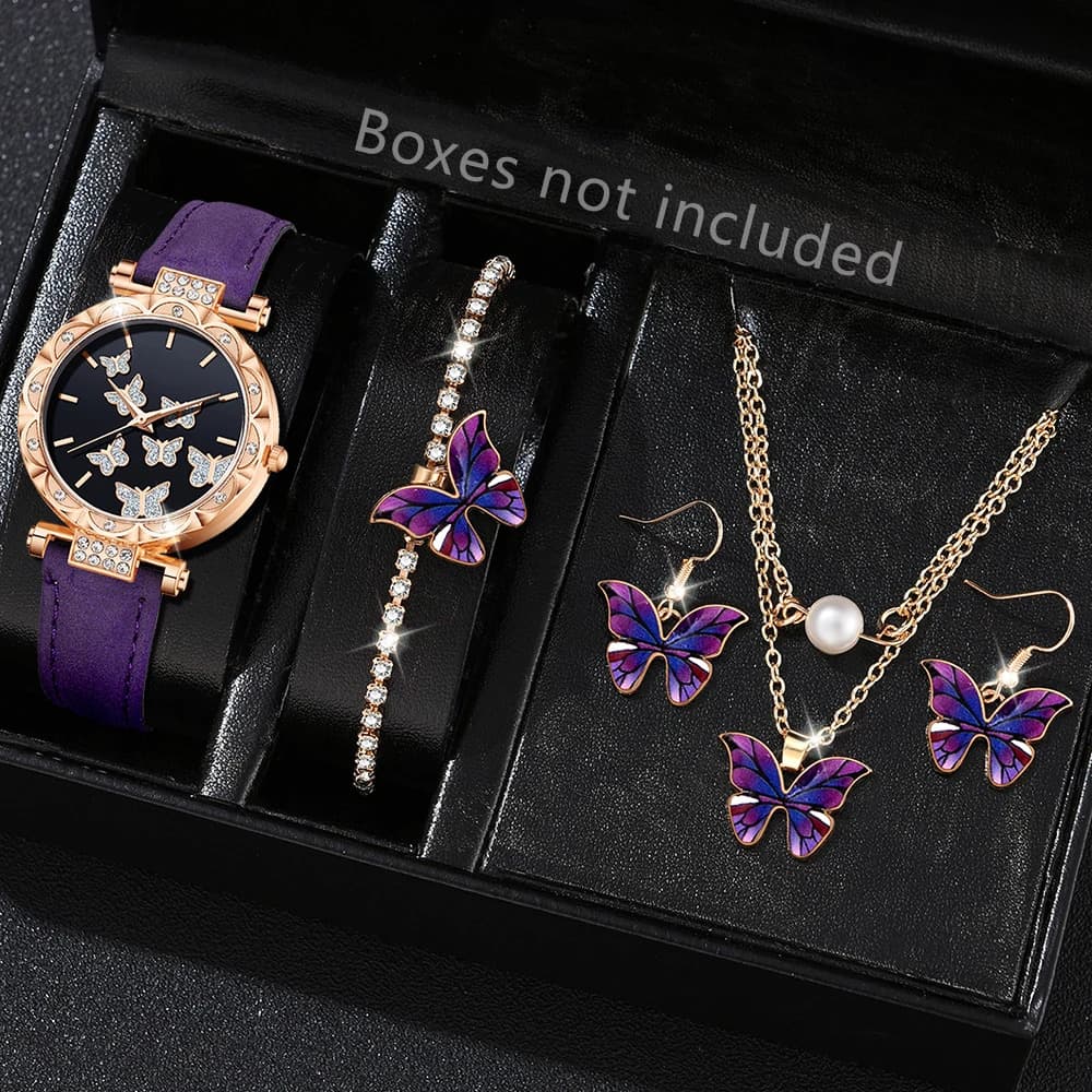 TEMU Set Of 6 Purple Elegant Women's Watches, Featuring A Fashionable Dial Quartz Watch, Accompanied By A Bracelet, Necklace, And Earrings, Perfect Gift For Women