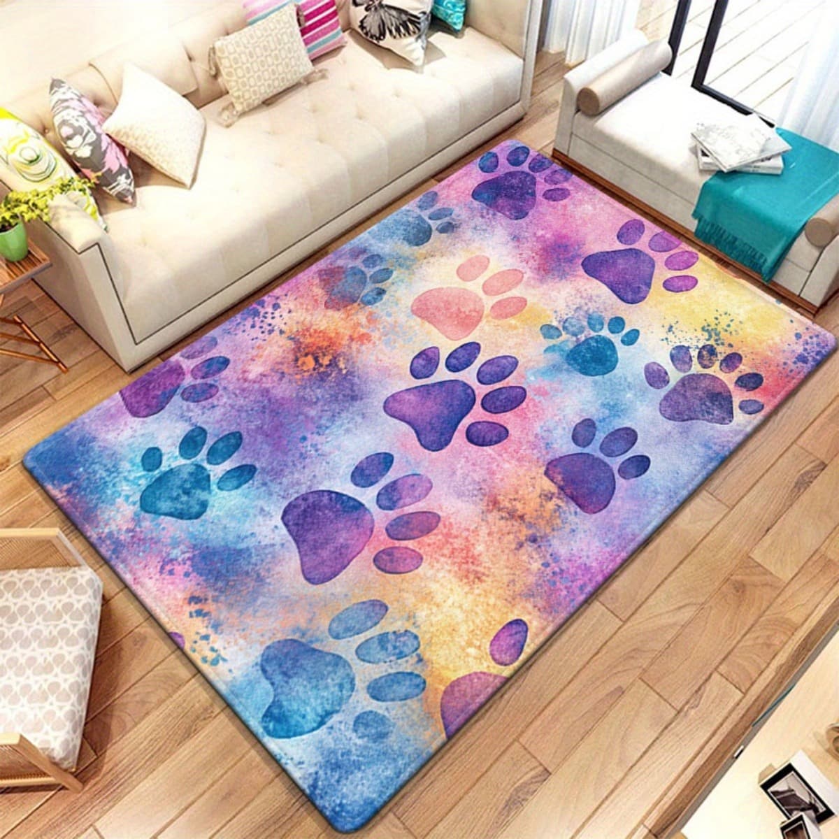 TEMU Vibrant Paw Print Hd Carpet - Slip-resistant, Water-absorbent, Washable Polyester Mat Suitable For Bathroom, Living Room, Kitchen, Yoga - Indoor And Outdoor Settings, Bathroom Mat