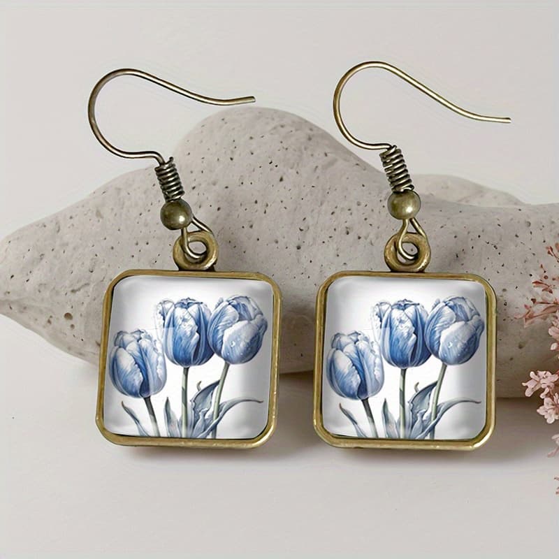 TEMU 1 Pair Square Earring Retro Glass Dangle Earrings Handmade Jewelry Gift, Without Battery
