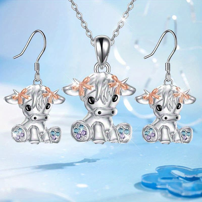 TEMU 3pcs Shining Cute Little Cow Fashion Personality Simple Earrings Necklace Party Commemorative Jewelry Exquisite Christmas Birthday Gift
