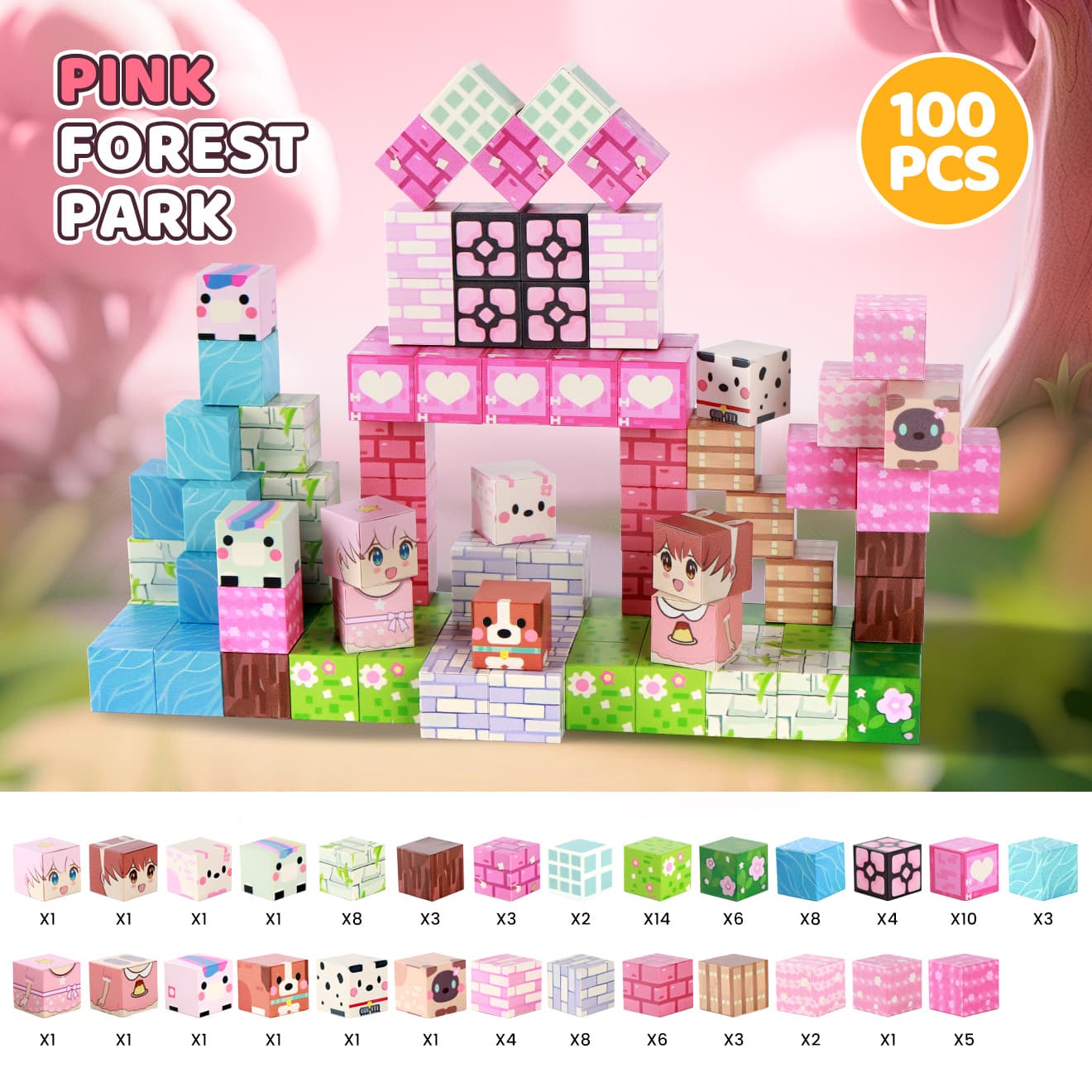 TEMU 100pcs Stem Magnetic Building Blocks | Pink Theme | , Trees & Character Cubes | Creative Construction Toy For Imaginative Play | Educational Gift For Kids | Birthday & Christmas Present