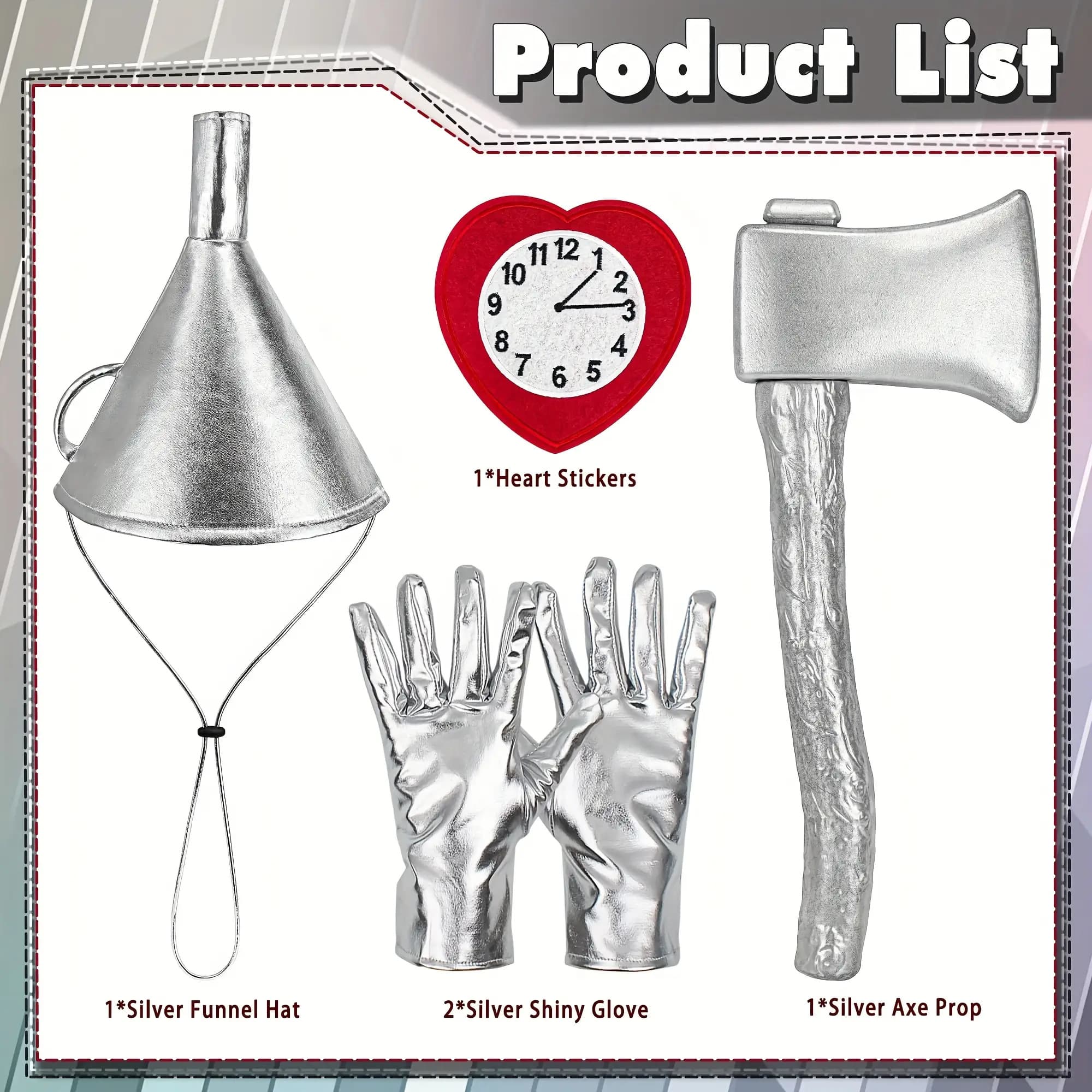 TEMU Set Of 5 Costume Additions Including A Silvery Plastic Axe, Funnel Hat With Heart Clock Decoration, And Silvery Gloves, Perfect For , Halloween, And Christmas