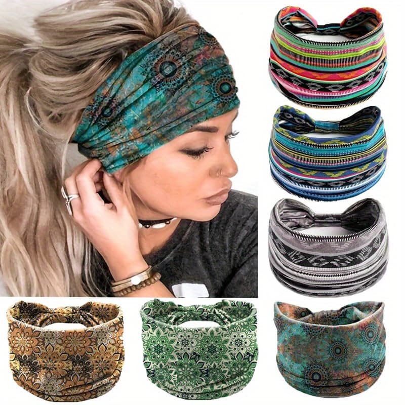 TEMU 6pcs Pack ' Bohemian Paisley Mandala Headbands - Elastic Hair Bands For Yoga, Gym, Face Wash | Multicolor Retro Printed Hair Suitable For Fitness, Casual & Ethnic Styles