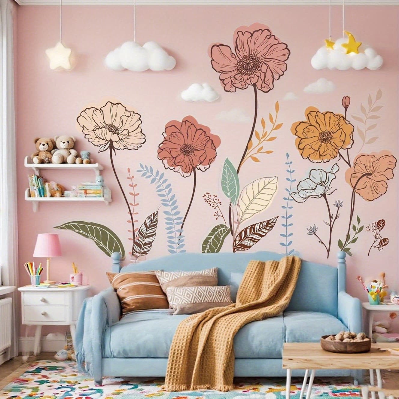 TEMU Bohemian Floral Wall Decals Featuring Wildflowers, Perfect For Decorating Living Rooms And Bedrooms. Self-adhesive Stickers Designs Of , Ideal For Enhancing The Walls Of Your And Tv Area