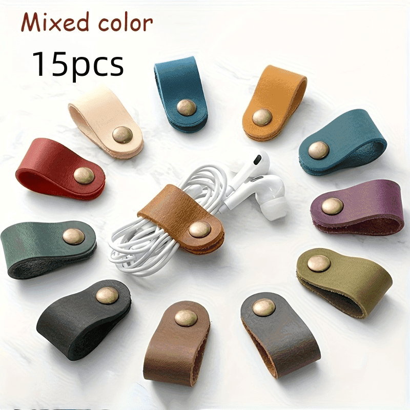 TEMU 15pcs Leather Cable Ties For Data Lines & Earphones - Durable Non-slip Cord Organizers, Compatible With Smartphones, Tablets, Laptops, (no Battery-free Operation) - Bulk Pack For Cable Management