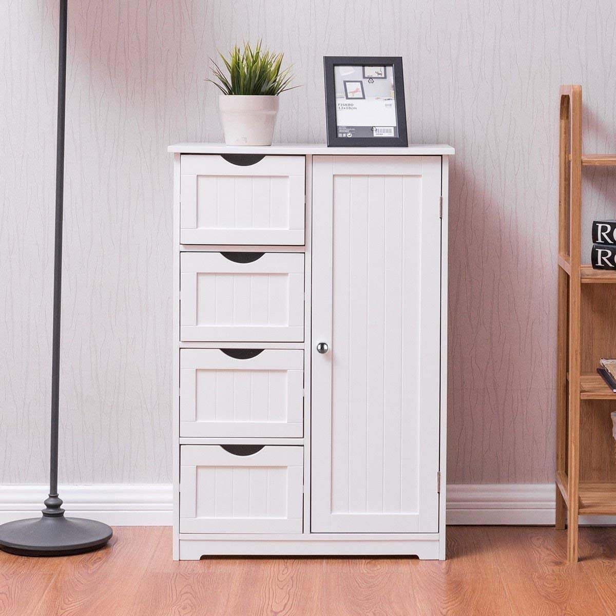 TEMU Bathroom Floor Cabinet, Side Storage Organizer With 4 Drawers, 1 Cupboard 2-shelves, White