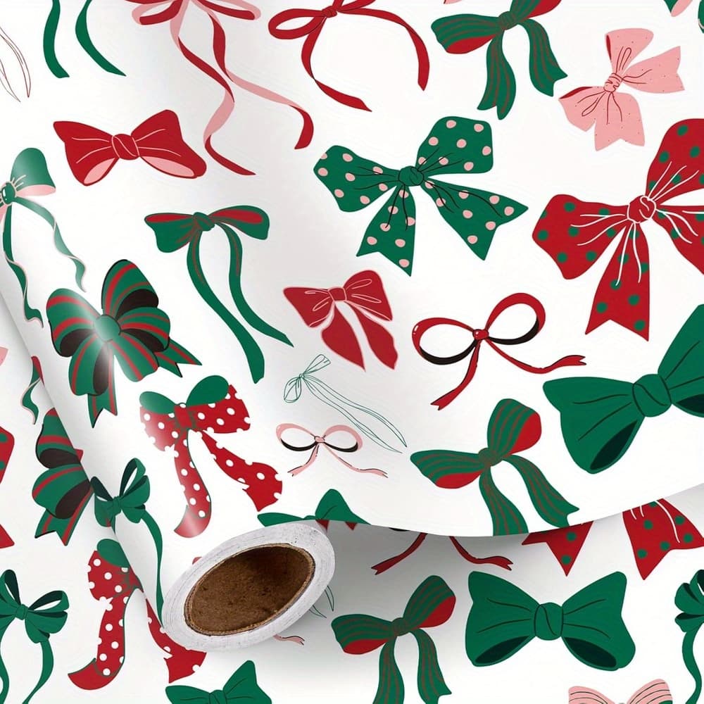 TEMU Roll Of Vintage Christmas Bow Wrapping Paper With Red, Green & - Sheets For Gift Wrap Suitable For Girls, Women, Holiday Presents, Christmas Tree & Reindeer Theme Decorations