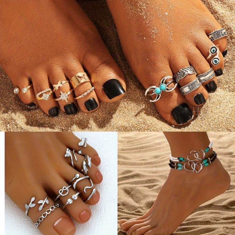 TEMU 23 Bohemian Style Elastic Ankle Chains+open Ankle Rings With Geometric Hollow Adjustable Beach Rings, Ankle Rings For Daily Vacations, Parties, Wearing Foot Accessories, Gifts