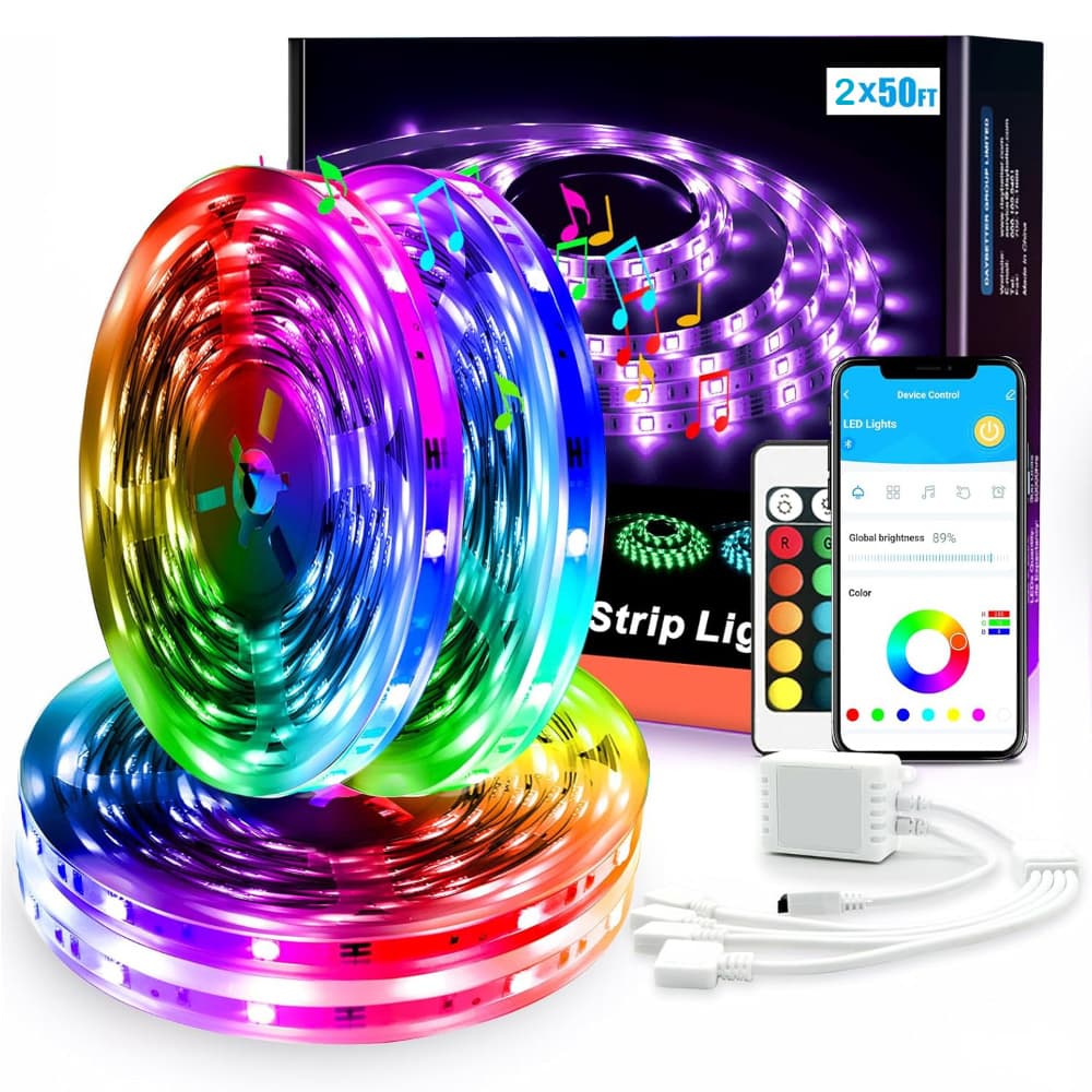 TEMU Led Strip Lights 100 Ft Smart With Control, 5050 Rgb For Bedroom, Living Room, Home Decoration, Music Sync Color Changing For Room Party (2 Rolls Of 50 Ft)