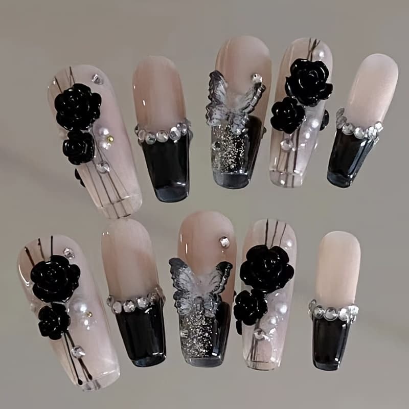 TEMU 10pcs Black -on Nails, Medium Length Ballet Nails, Removable Reusable Nails Suitable For Birthday Thanksgiving Valentine's Day Graduation Ceremony Party Holiday Wear