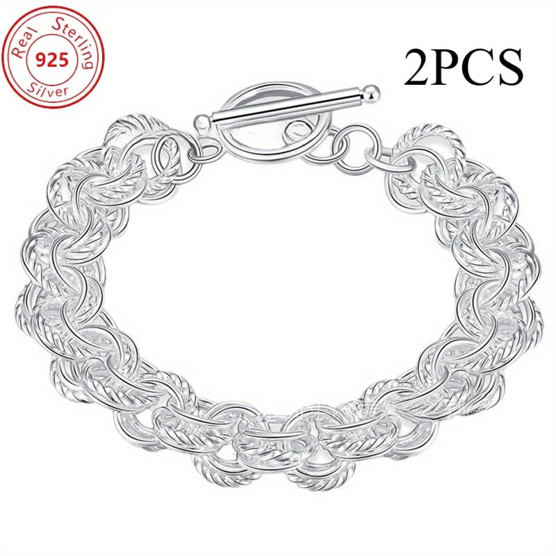 TEMU Set Of 2 - S925 925 Silver - Elegantly Twisted Double Ring Bracelet - A Stylish And - Perfect For Daily Use And Celebrations - Ideal For Valentine's Day, , Or Birthday Presents