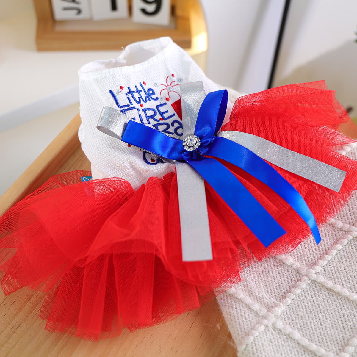 TEMU Spring/summer Pet Skirt Sleeveless Button Design With Embroidery Red Gauze Hem Blue Bow Small Cool And Breathable Active Wear