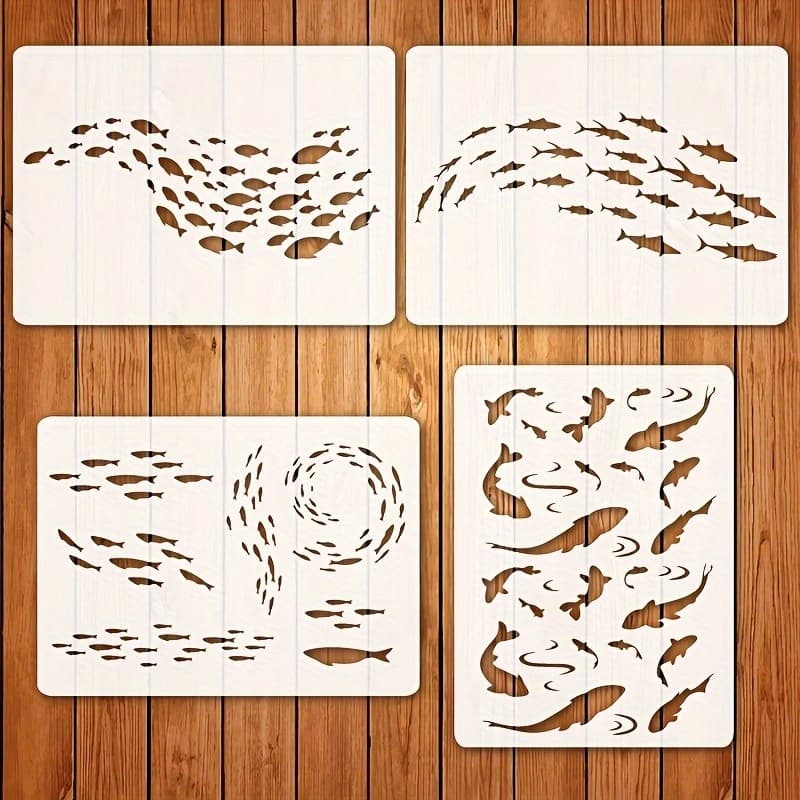TEMU 4pcs A4 Reusable Fish And Stencils, Suitable For Art, Fabric, Canvas, Wood Walls - Perfect For Crafts, Journaling, Home Decor