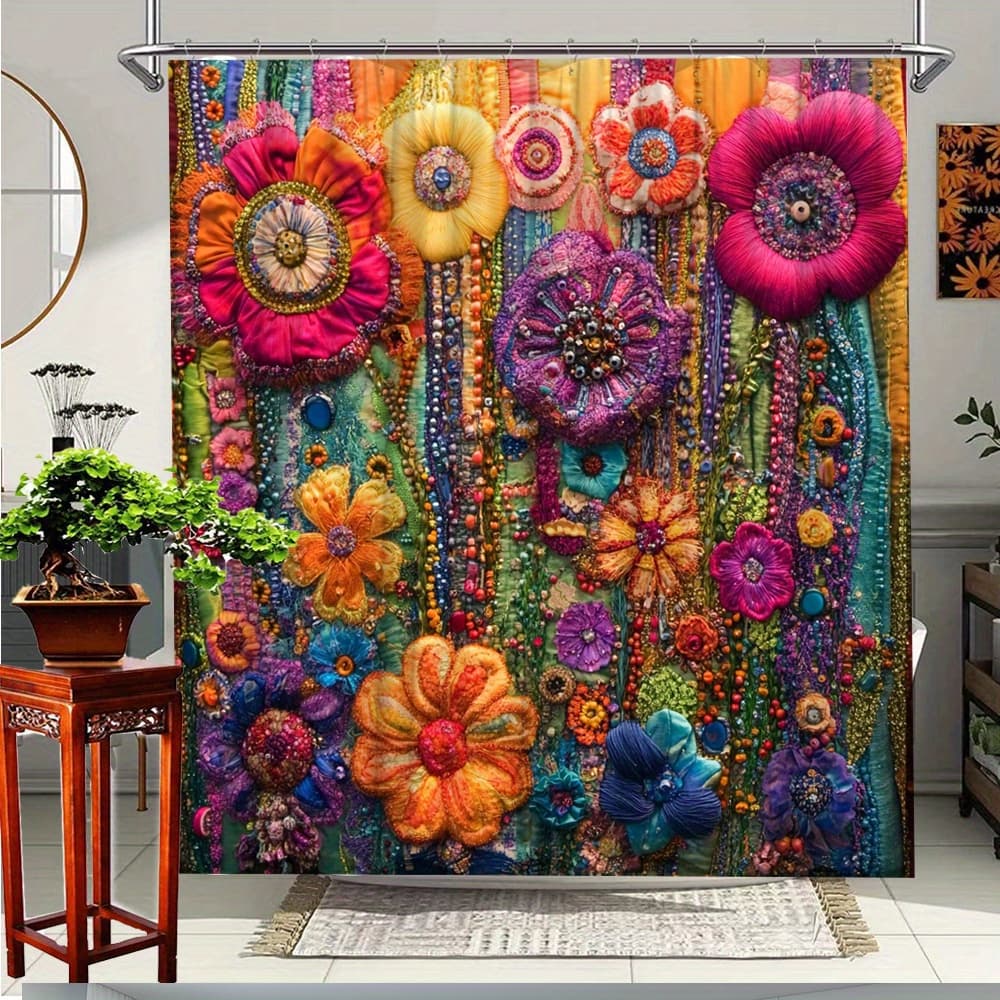TEMU 1pc Vibrant Floral Shower Curtain With Decorative Flowers For Bathroom Decor,, Includes 12 Hooks, 70.8x70.8 Inches