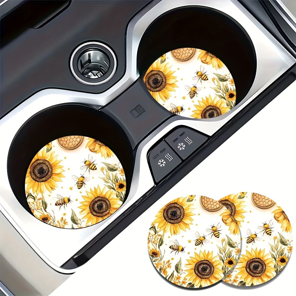 TEMU 2 Sunflower And Bee Pattern Car Coasters With Cork Base- Universal Non-slip Eva Washable Car Cup Holder Insert, Bright Interior Additions