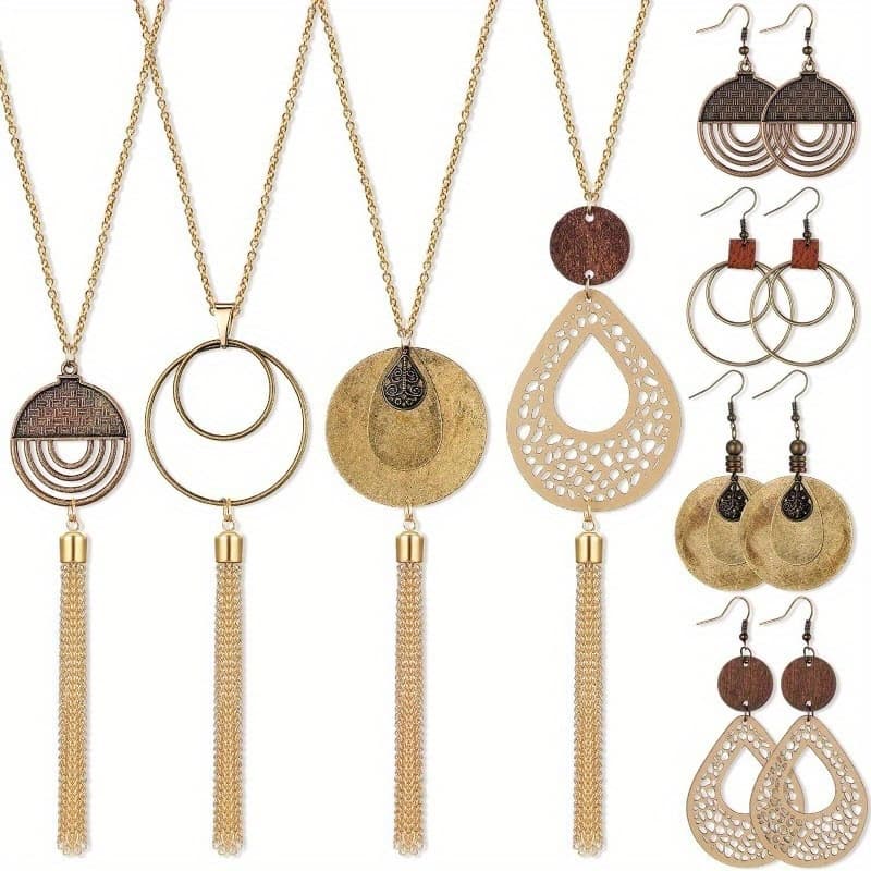 TEMU 8pcs Set Of Bohemian Style Vintage Round Pieces, , Carved Necklaces, Earrings, Set For Women' Vacations, Parties, Wearing Jewelry, Gifts