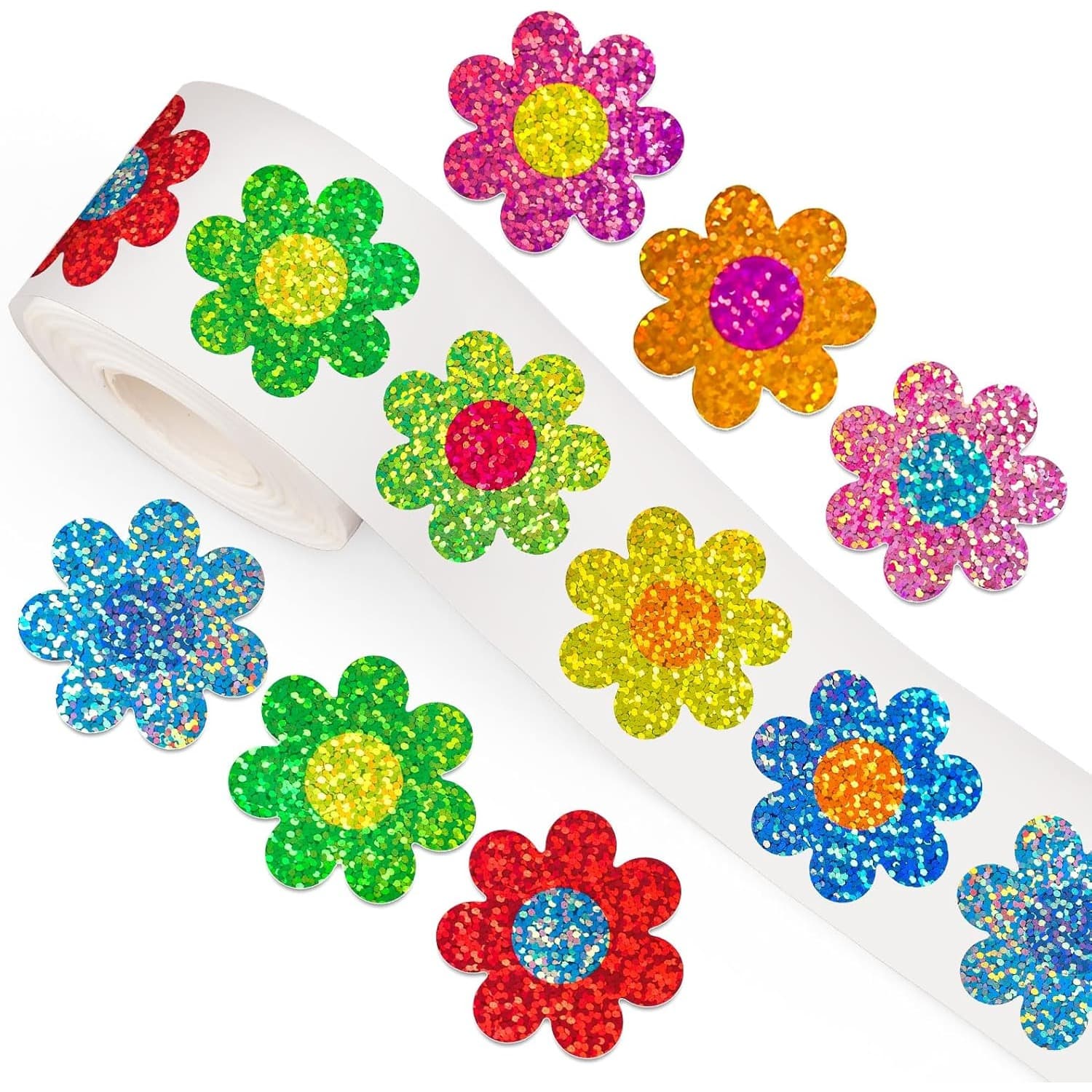 TEMU 500pcs Spring Flower Sticker Roll Holographic Seal Stickers Sparkling Colorful Chrysanthemum Self Adhesive Stickers For Birthday, Holiday, Envelope, Magazine Decoration