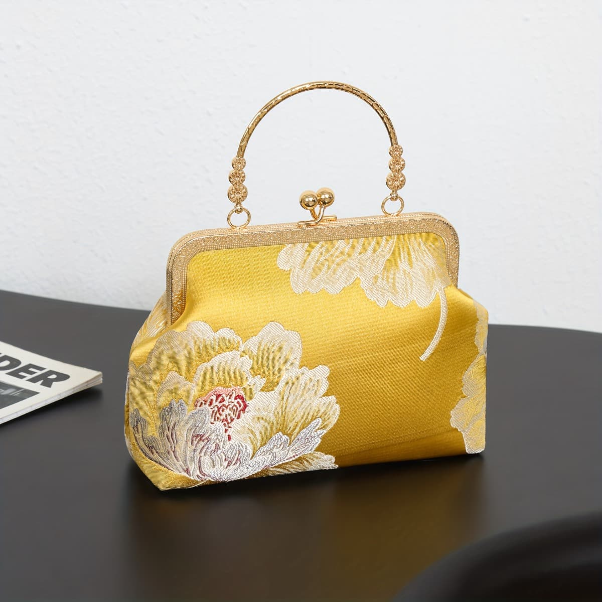TEMU Yellow Purses For Women. From Satin, This Women's Embroidered Handbag Features Exquisite Peony Embroidery, Complemented By Ornate Golden-tone Handles And A Snap-clasp Closure— Luxury And
