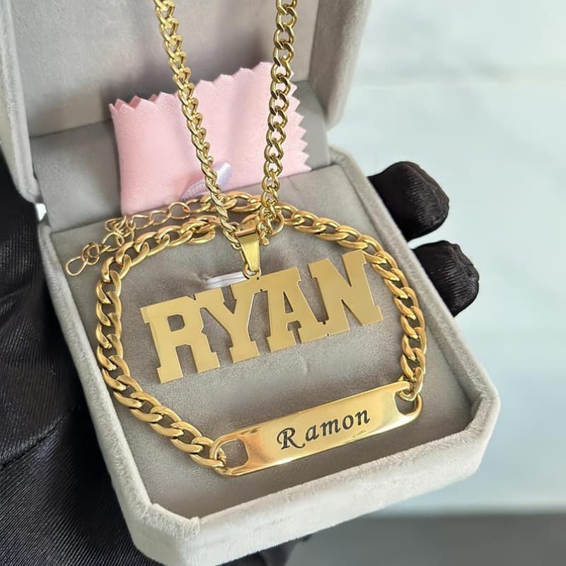 TEMU Personalized Name Necklace/bracelet Set Name Jewelry Set, Custom Engraved Name Bracelet Necklace, Woman Name Jewerly, Men Name Set, Golden Nameplate, Personalized Gift For Her/him