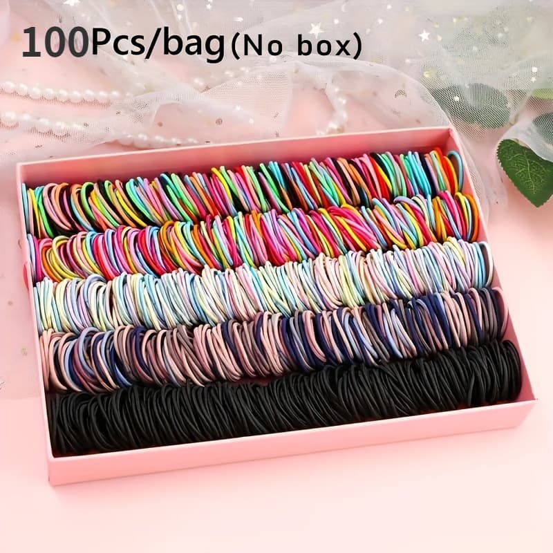 TEMU 100pcs Elastic Hair Ties - Nylon Material, Multiple Colors , No Metal, Suitable For