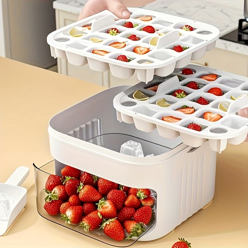 TEMU 1 Large Capacity Ice Tray With Double Layer Storage Function- Heavy Duty Plastic Ice Tray For Home Refrigerator, Mini Fridge, Freezer, Home Ice