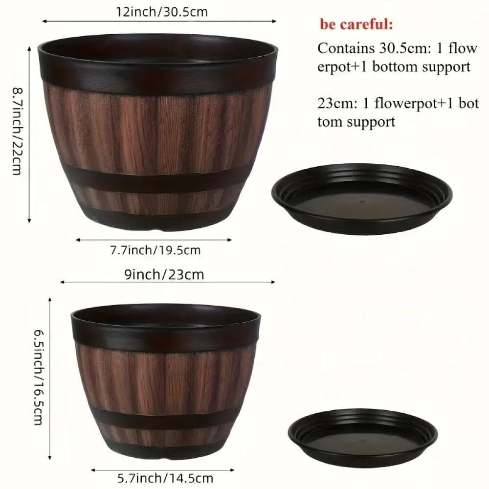TEMU 4pcs Set, 12in+9in Plastic Flower Pots With Drainage Holes And Trays, Decorative Whiskey Design For Indoor And Outdoor Garden Use Gardening Gift,home Decor