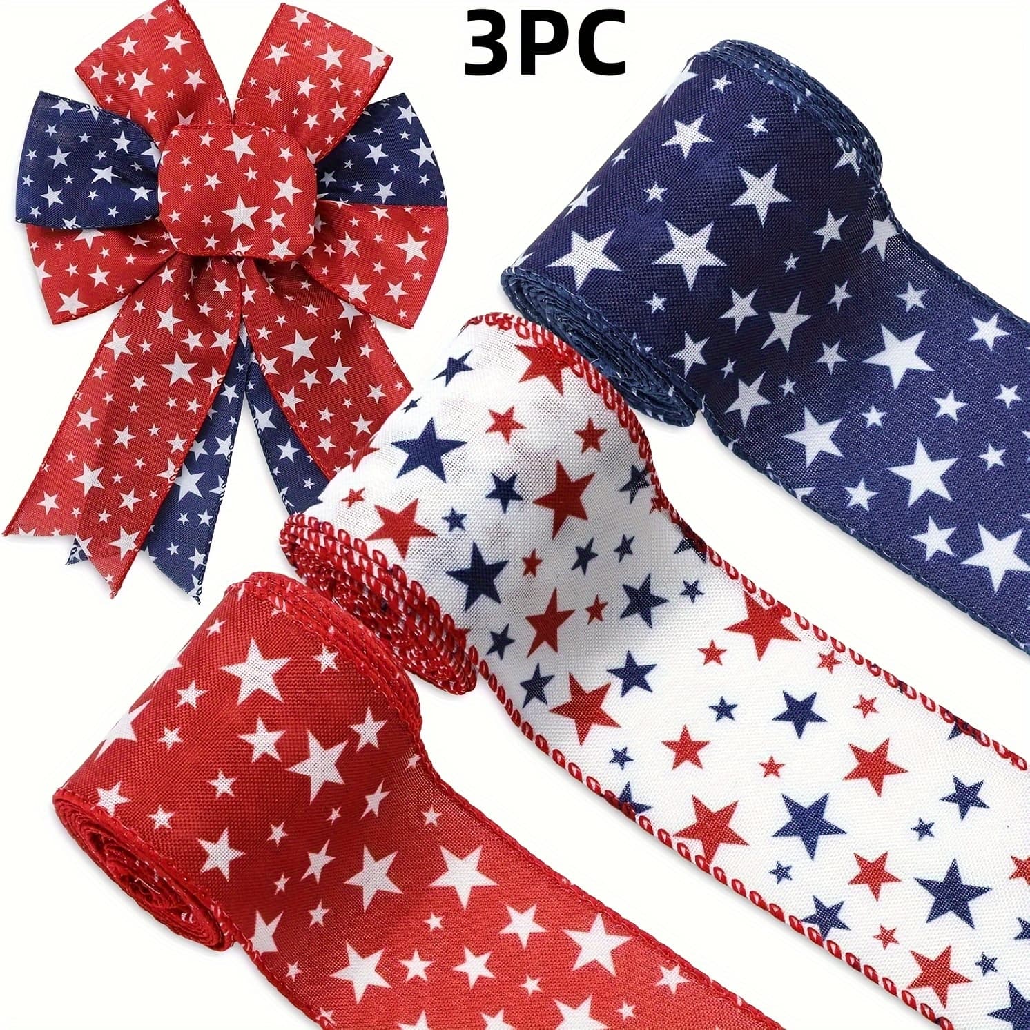 TEMU 3pcs Of Patriotic Star Ribbon - , With American , 5 Yards Each - Gift Wrapping, Party Decoration, Outdoor And Home Decoration, Diy Wreaths And Bows, Gift Wrapping Ribbon | American Flag Theme