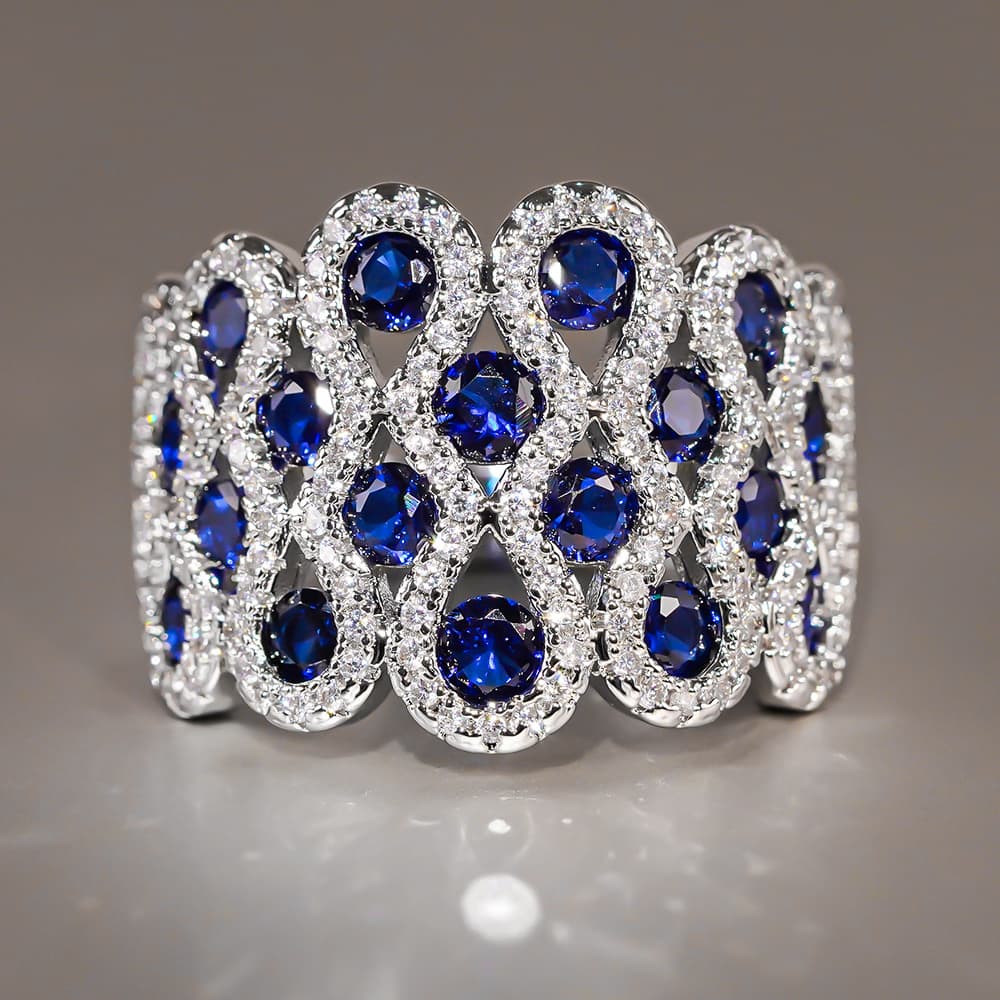 TEMU 1 Women's Fashion Wide Band Ring With Blue Synthetic Zirconia Twist Design, Wedding Party Casual Jewelry Accessory For Casual Attire