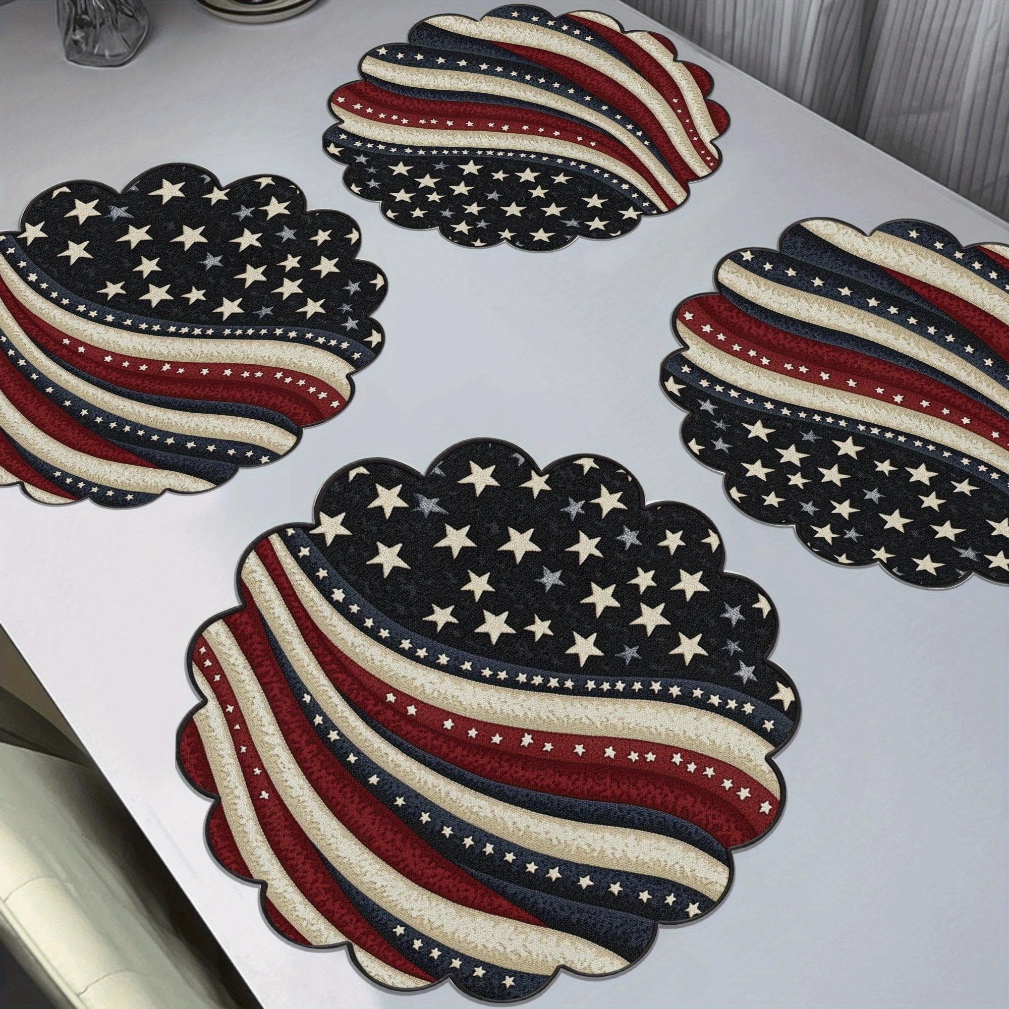 TEMU Of 4 Round Placemats Featuring A Patriotic Stars And - Non-slip, Heat Resistant, And Suitable For Hand Washing. Perfect For Dining And Parties