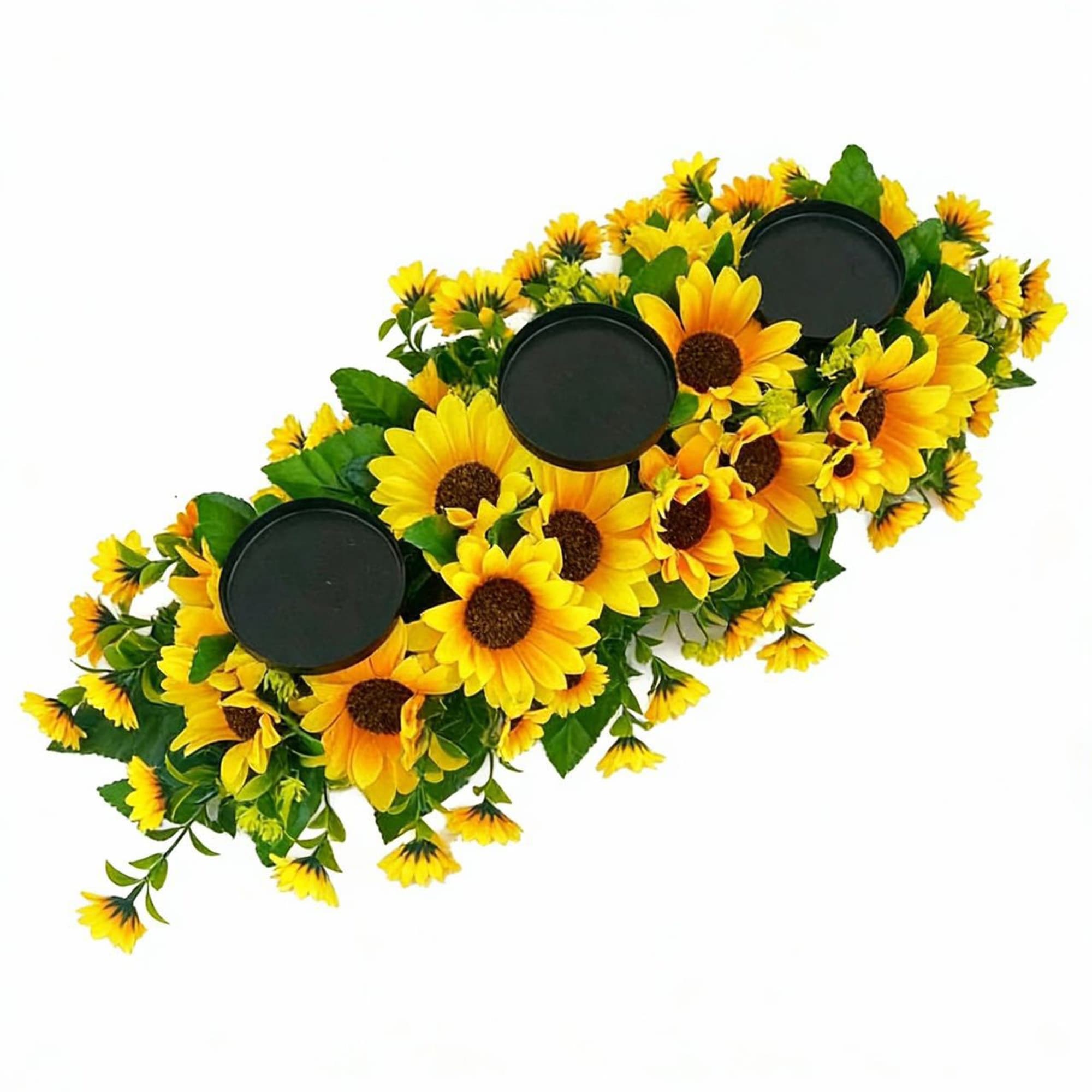 TEMU 1pc 3-wick Sunflower Candle Holder With Artificial Flowers Faux Floral Centerpiece Table Centerpiece For Wedding Party Decor Fireplace Mantel Easter New Year Decoration Plastic Base