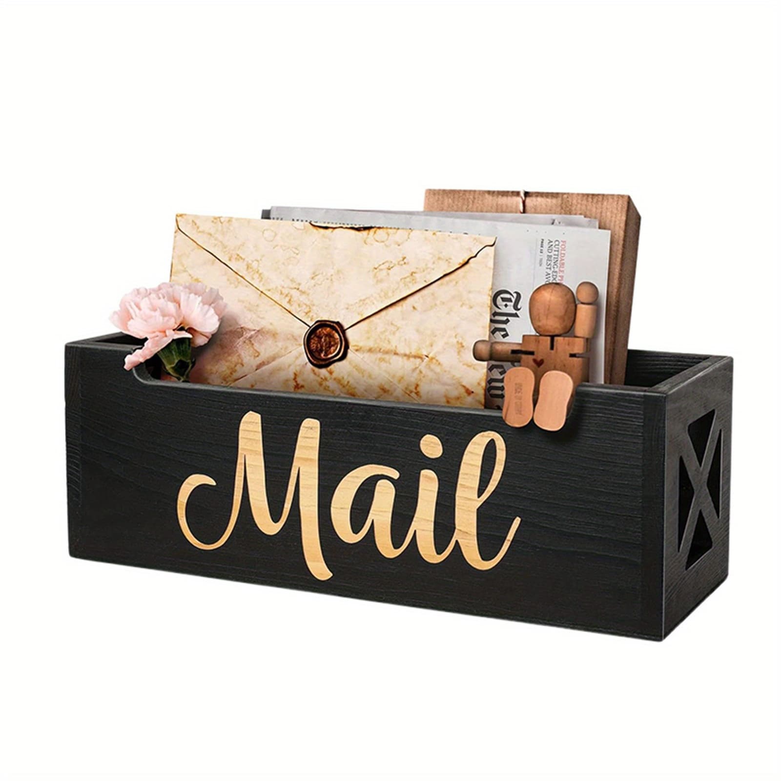 TEMU Countertop Mail Holder Letter Storage Organizer Rustic Wooden Mail Holder Box For Envelope Folder