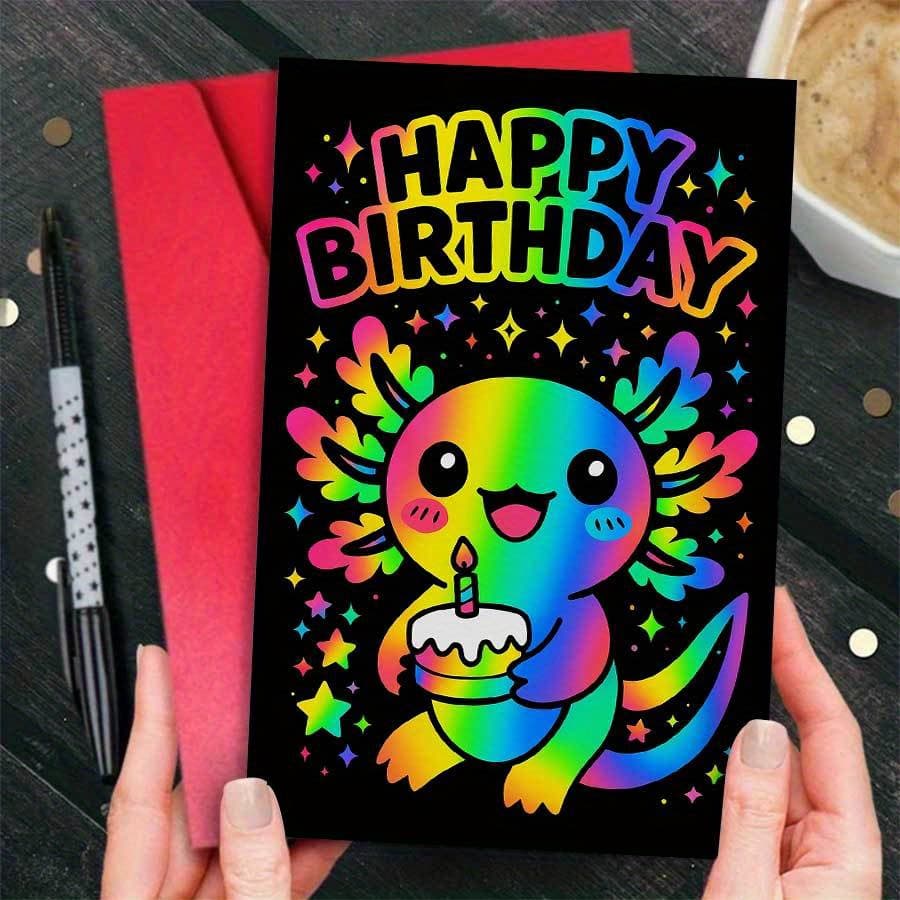 TEMU A Single Colorful Birthday Card Featuring An Adorable Axolotl With A Cake, Ideal For Celebrating The Birthdays Of , Family, Or Coworkers