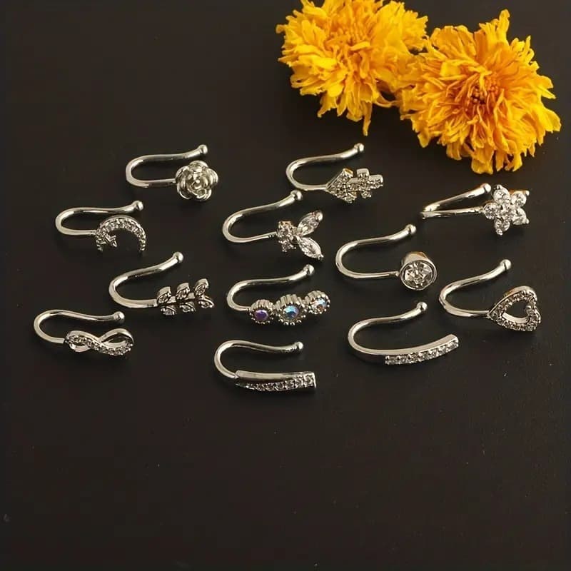 TEMU 12pcs Multi -shaped False Perforated Nose Ring Set Clip On Nose Accessory Suitable For ' Daily Leisure Vacation Accessories, Infinite Stars, Moon, Roses And Other Patterns