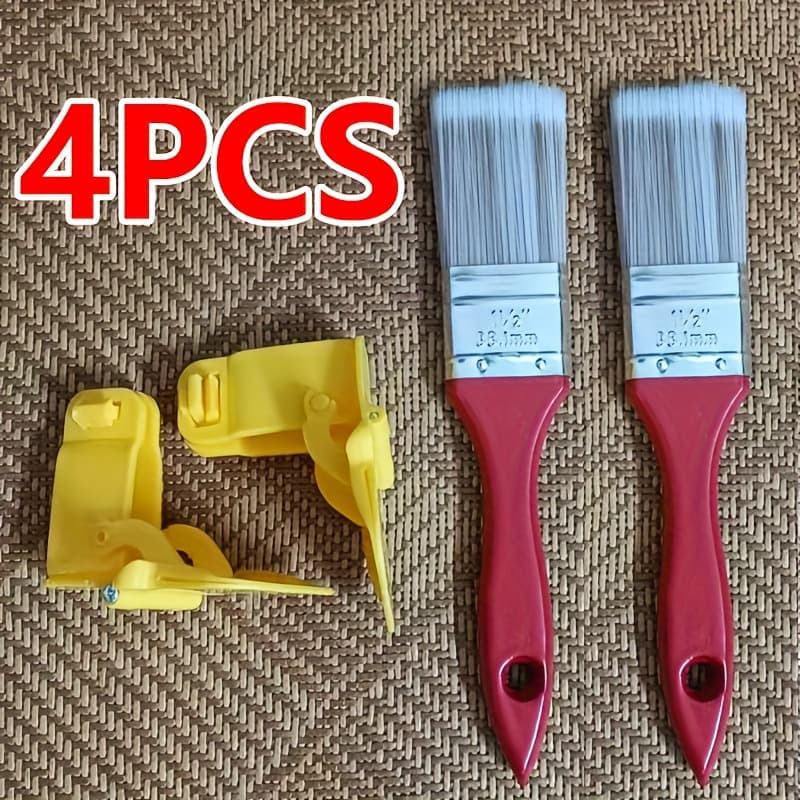 TEMU 4pcs Durable Paint Brush And Holder Set, Portable Edge Color Separation Non-shedding Dual-tone Paint Brush, Wooden Handle Dual-tone Finish Paint Brush