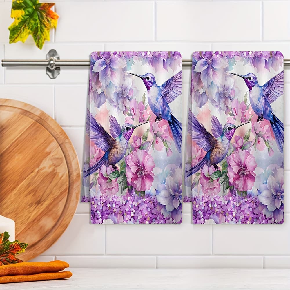 TEMU Set Of 2 Purple Hummingbird Towels, Made Of 240gsm Polyester, Featuring A Modern Rectangular Design. Ideal For Bathroom Use, Towels Have A Cartoon Print And Can Serve As Festive Table Decorations