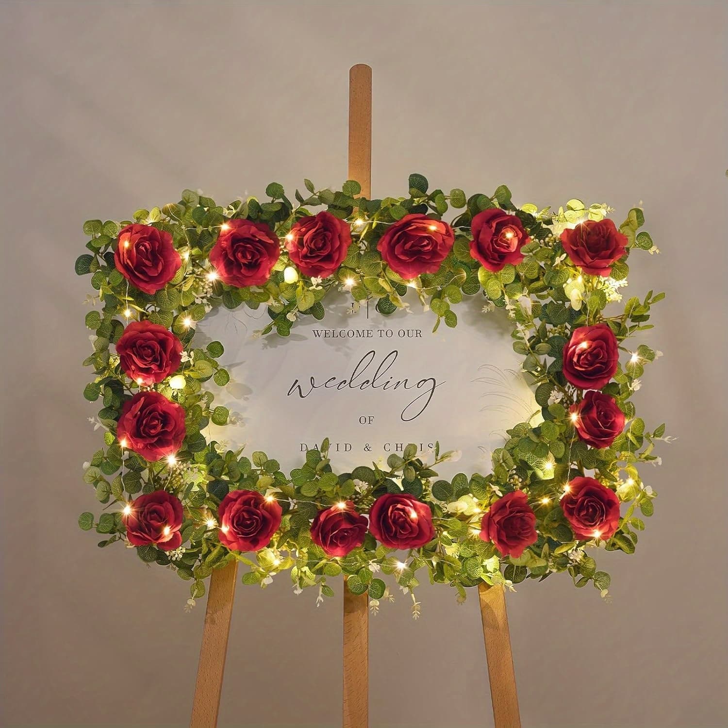 TEMU 1 Pack 6.5 Ft Artificial Eucalyptus Garlands With Flowers Valentines Day Room Decor Floral Greenery Garlands With Lights Fake Flower Vines For Wedding Table Centerpieces Arch Party Decor