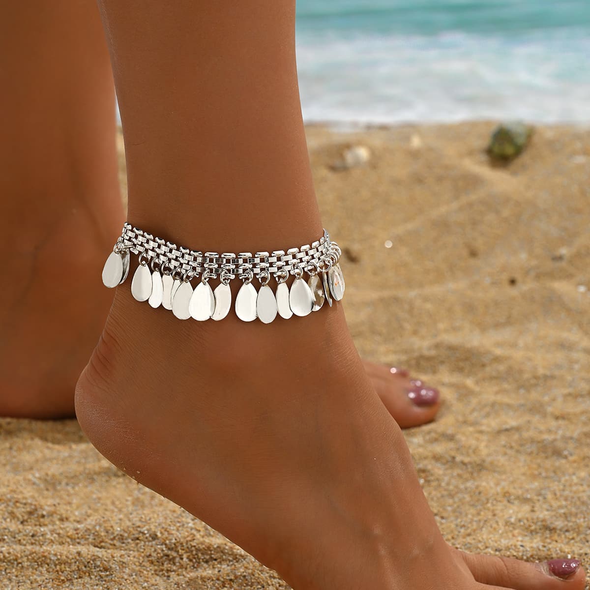 TEMU A Vintage And Versatile Teardrop Tassel Pendant Chain Anklet Suitable For Women's Everyday Vacation Party Outfits