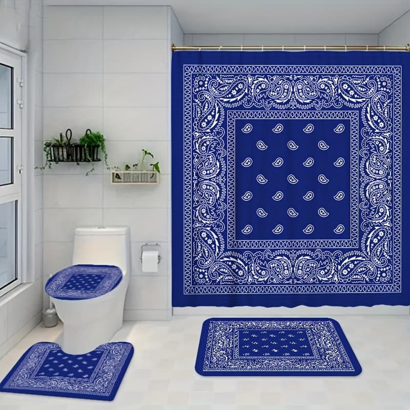 TEMU 1/4pcs Vintage Blue Floral Pattern Shower Curtain Set With 12 Hooks, Non-slip, U-shaped Toilet Seat Cover, Toilet Seat Cover, Bathroom Additions