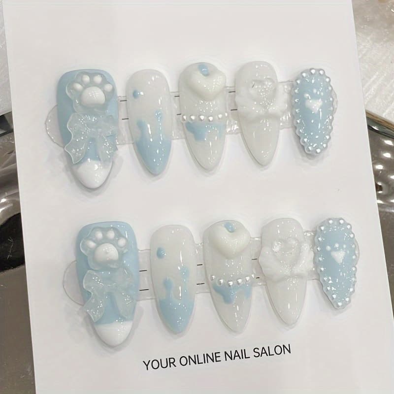 TEMU 10pcs Handmade Almond Style Blue And Bow Blooming Fake Nails And Cute Removable Wear Armor
