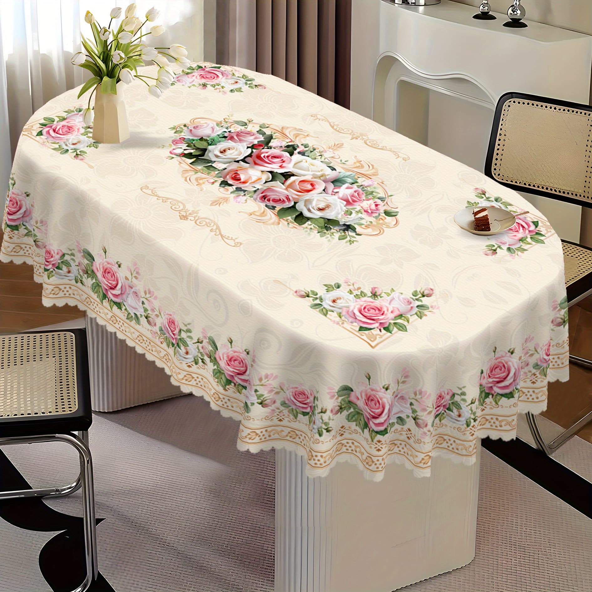 TEMU Elegant Floral Tablecloth Suitable For Decor - Roses On Light Beige Rectangular Table Cover, Machine-made Suitable For Weddings, Parties, Indoor/outdoor Use, -care Table Setting