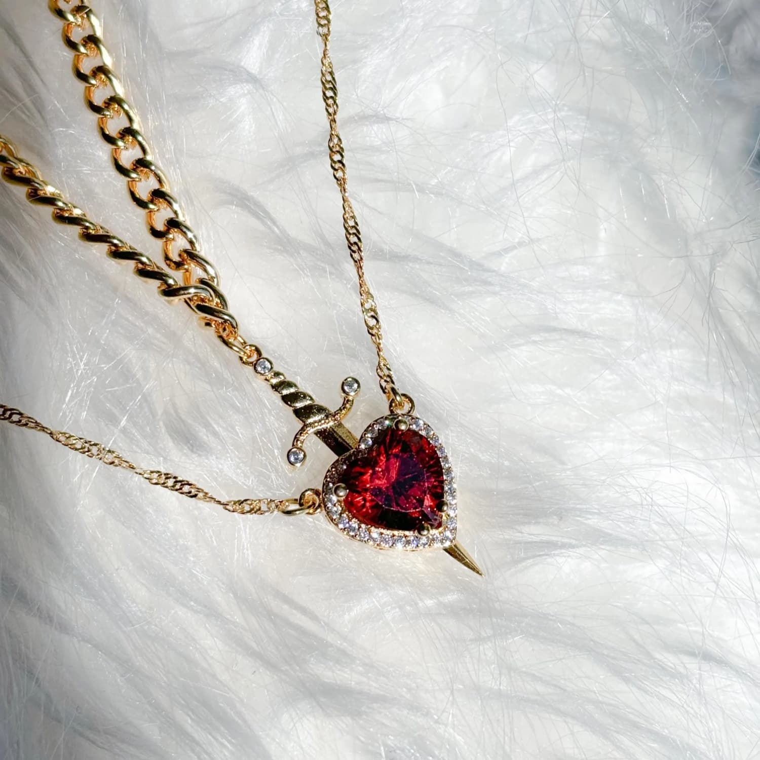 TEMU Chic Heart & Sword Couple Necklaces - Stainless Steel With Cubic Zirconia, Or Parties - Y2k/goth Style, Ideal Gift For Christmas & Valentine's Day