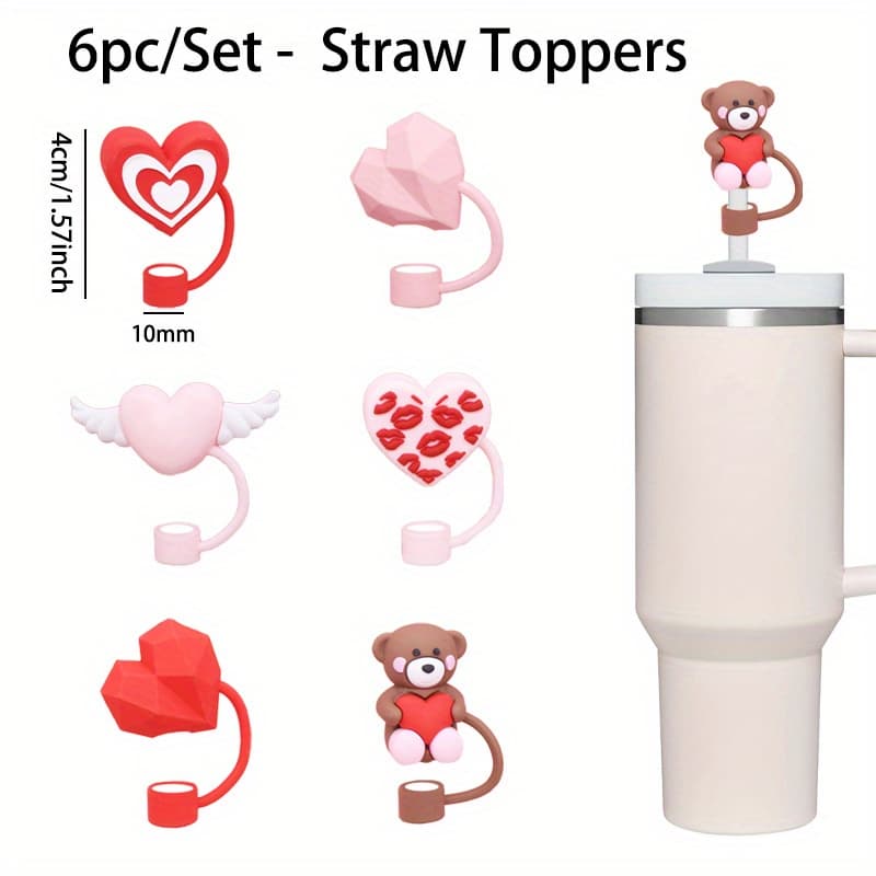 TEMU 6-pack Heart-themed Straw Caps, 10mm Straw Lid Covers, Reusable Dustproof Drinking Accessories, Pvc Material, Ideal For Couples & Valentine's Day Gifts, Fits Sports Water Bottles & Slushy Cups