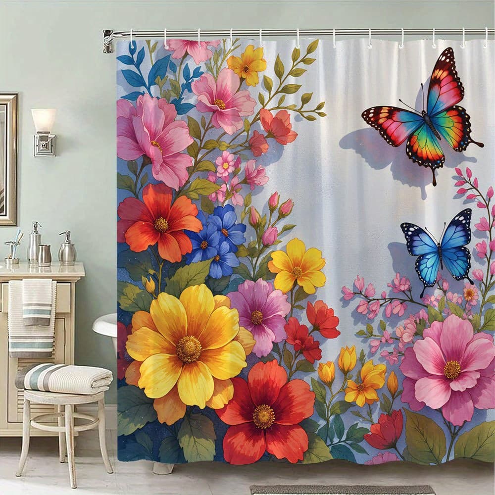 TEMU 1pc Colorful And Curtain, Vibrant Butterflies In Pink, Red, Blue, Green, Surrounded By Detailed Flowers In Yellow, Pink, And Blue On Metallic Silver Background, 12 Hooks, 70x70 Inches