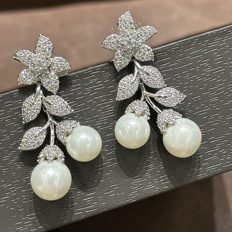 TEMU Luxury Micro Zirconia Flower Earrings Elegant Shell Beads Earrings For Women Daily Banquet Wedding Earrings Jewelry Gift