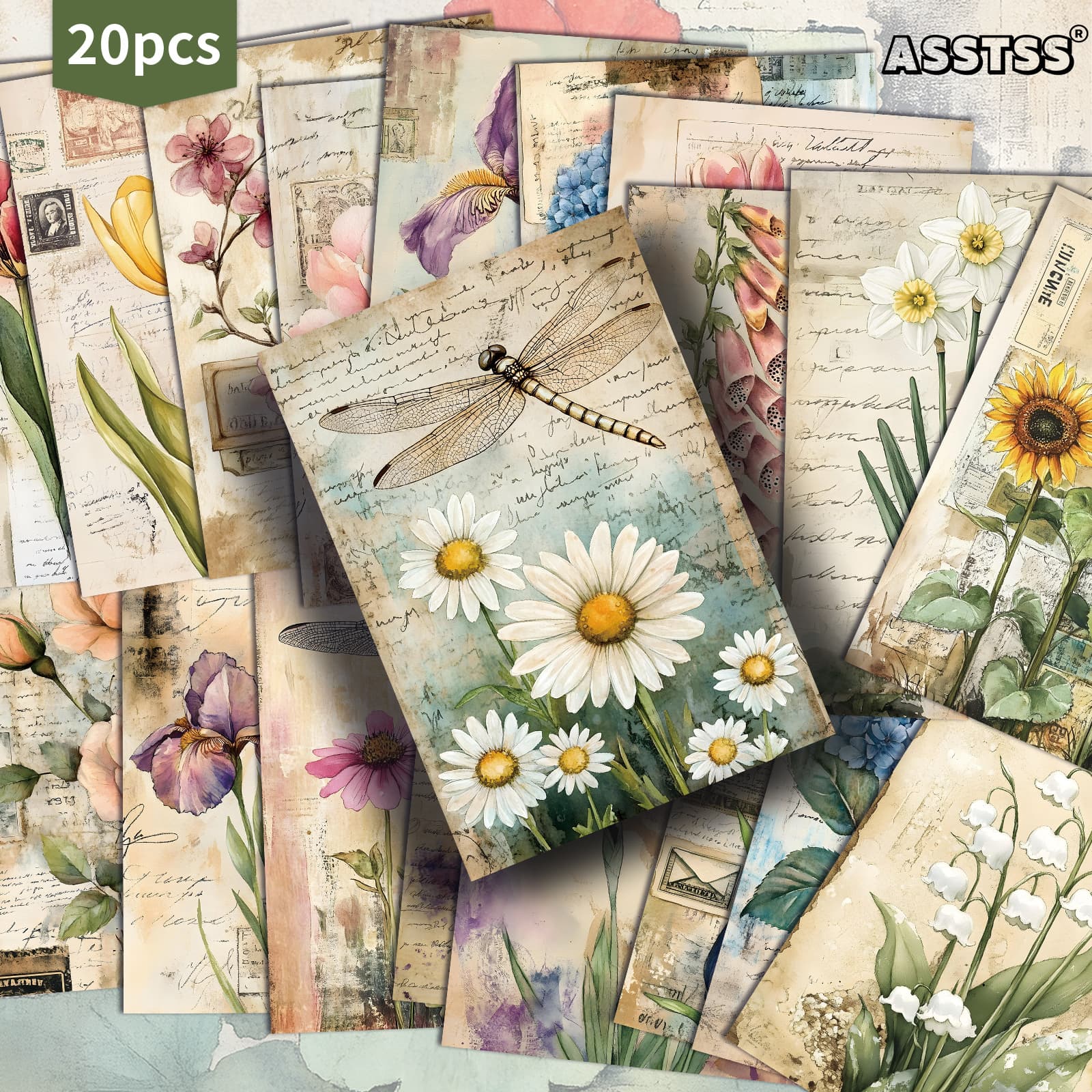 TEMU 20-pack Asstss Vintage Flower Gift Card - 4x6 Inches Junk Journal Paper Classic Pinup Illustrations Collectible Decorative Painting Cards For Scrapbooking & Crafting