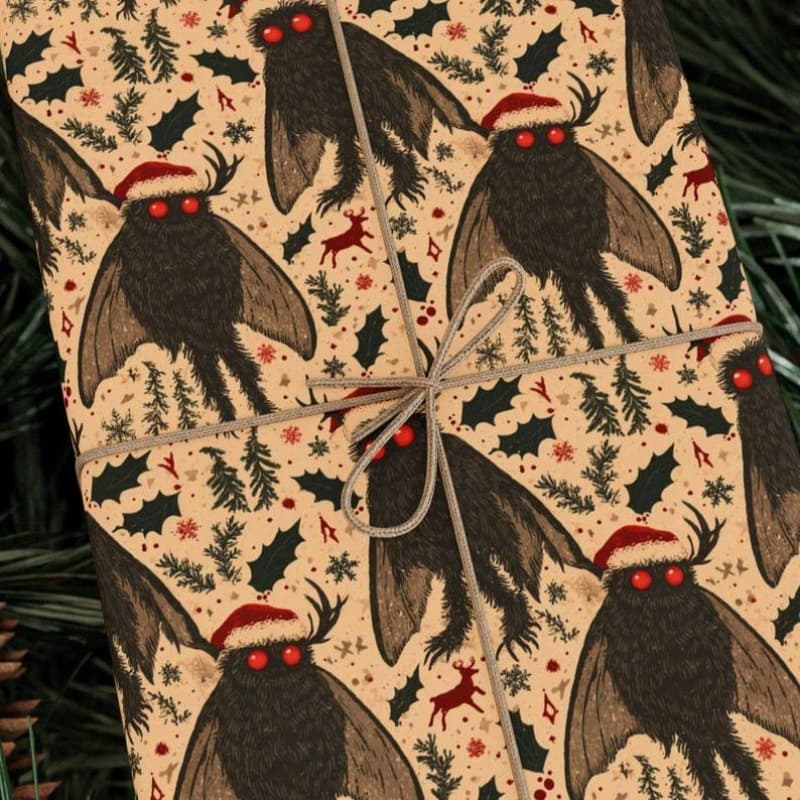 TEMU 1 Roll Extra Large 58"x23" Mothman Christmas Gift Wrap Paper - Folklore Design With Red- Mothmen, Pine Trees & Brown/ Pattern - Premium 90 Gsm Pp Material For Birthdays, Parties, -themed Presents