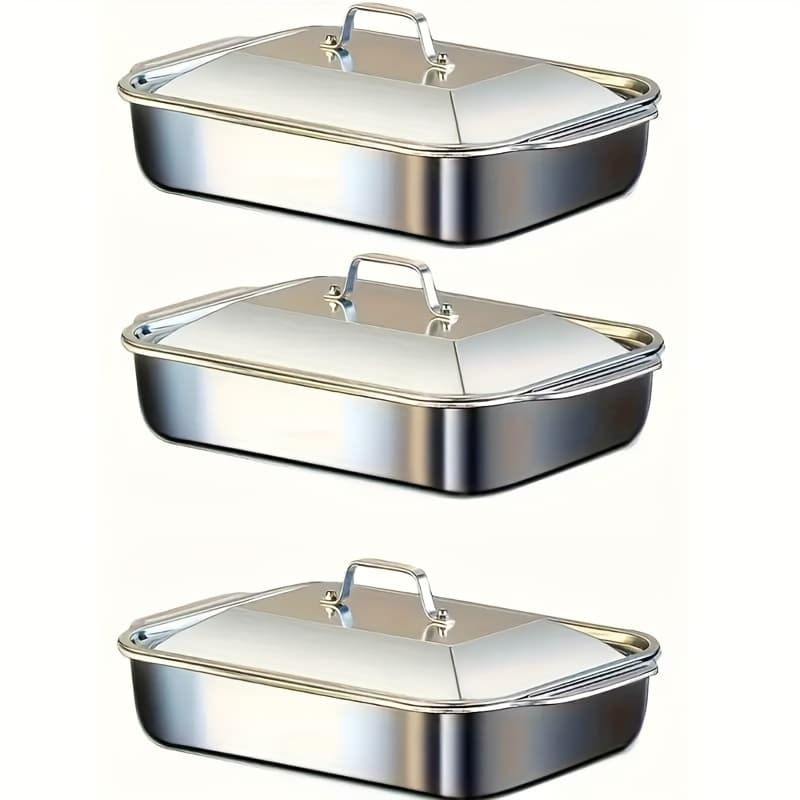 TEMU 6pcs Set Of 3 Stainless Steel Thickened Rectangular Baking Pans With Lids, Bbq Tools Suitable For Outdoor Self-service Without Power, Heat Conduction Design, Thin Stainless Steel Walls,